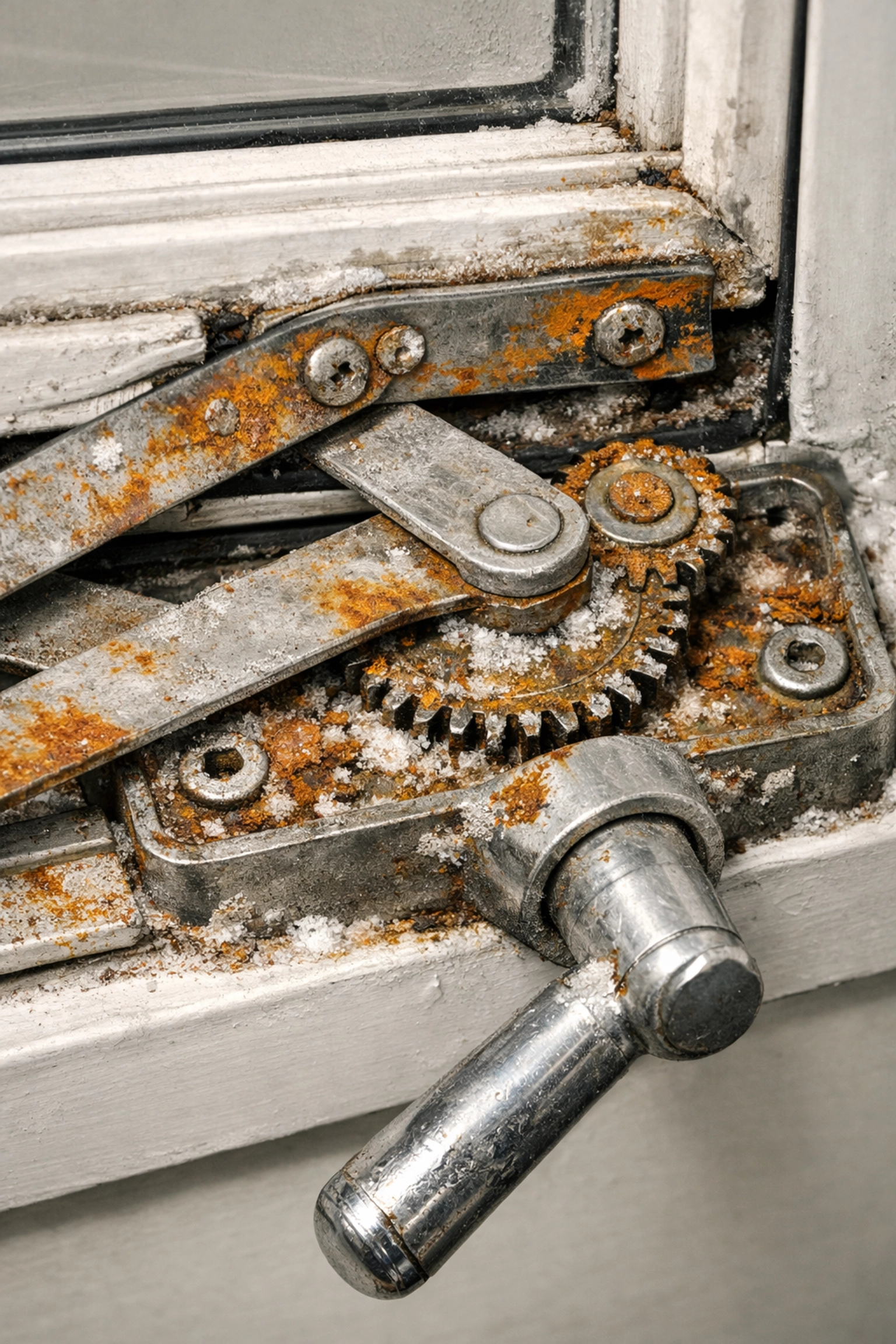 Corroded window hardware and stuck crank handle requiring repair in a GTA home.