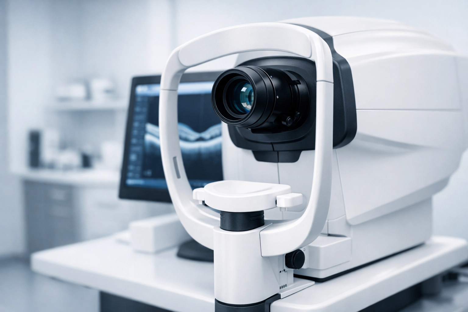 High-tech OCT machine used for diagnostic testing alongside G2211 billing in an optometry practice.