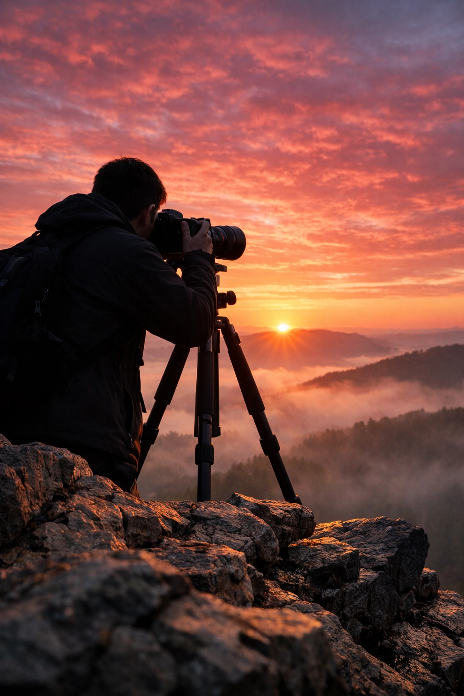 Professional photographer using a tripod at dawn to apply daily photography tutorials.