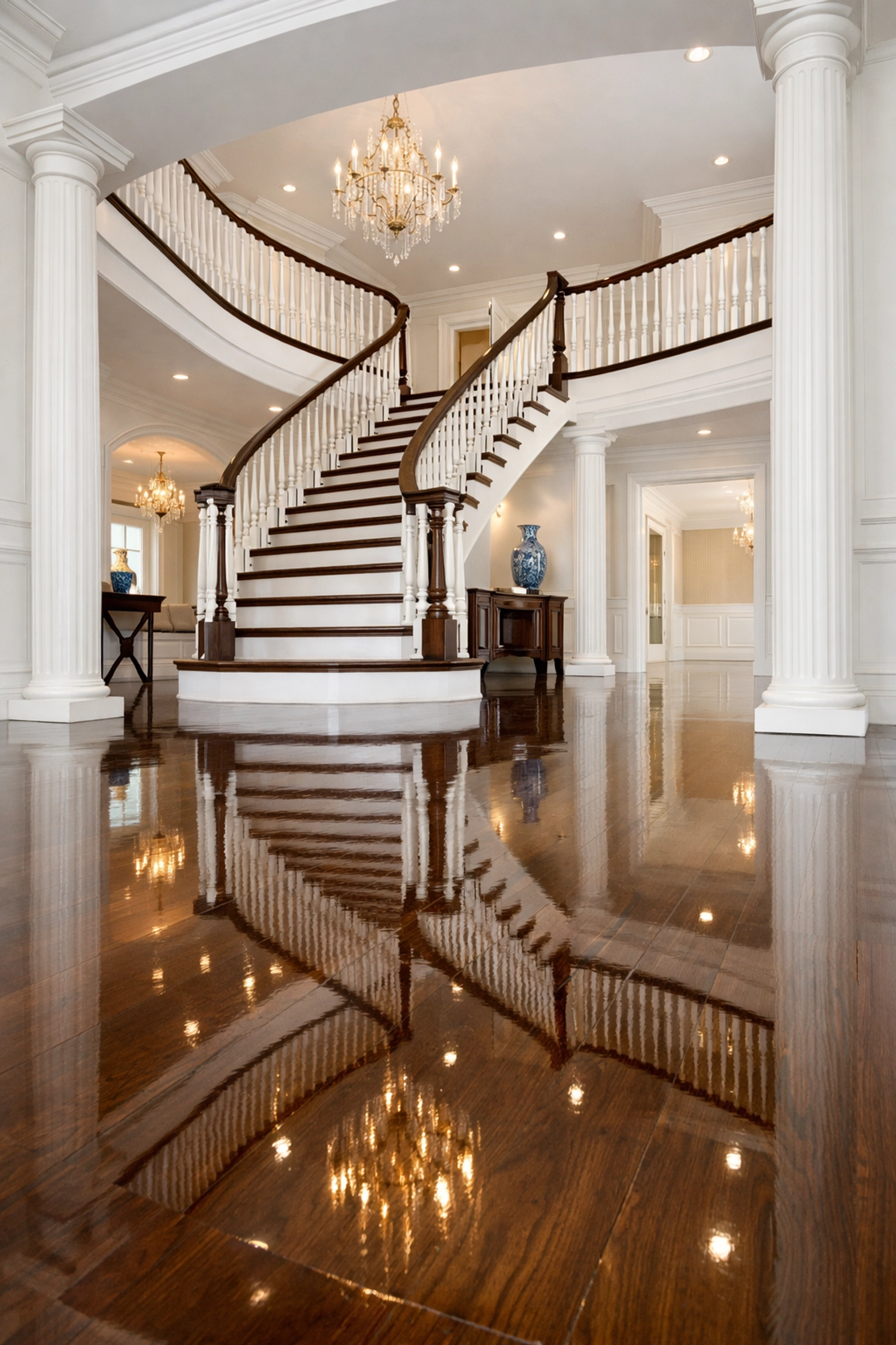 Sparkling clean foyer and hardwood floors in a Swampscott estate after luxury house cleaning.