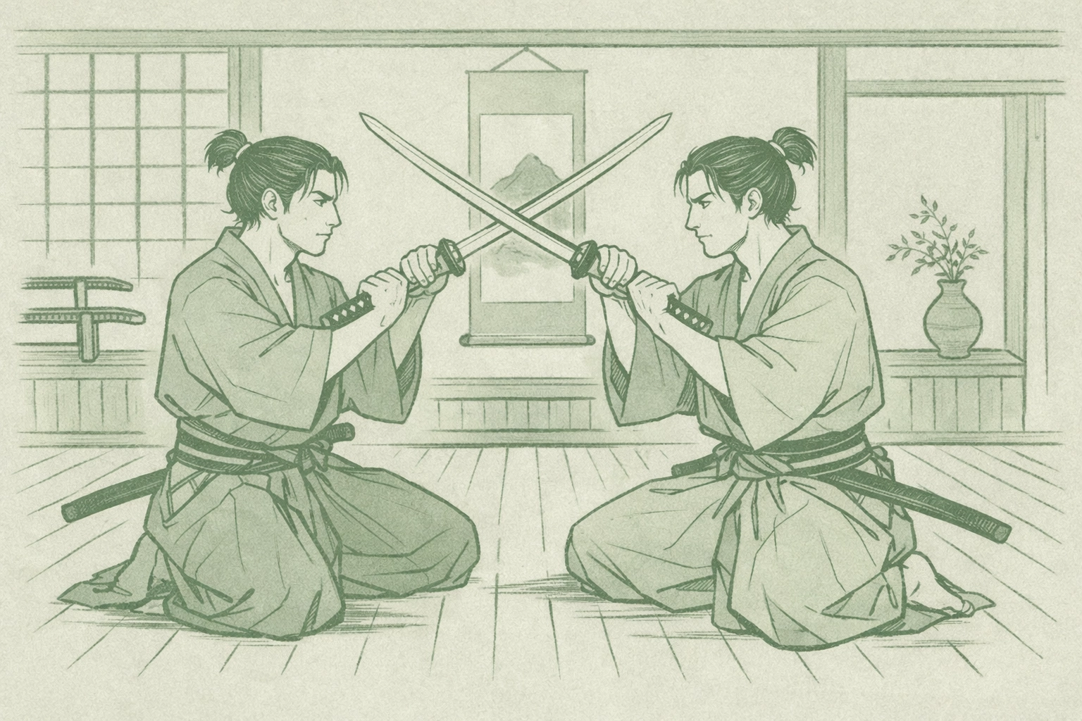 Samurai training together in feudal Japan dojo - MM romance with emotional connection
