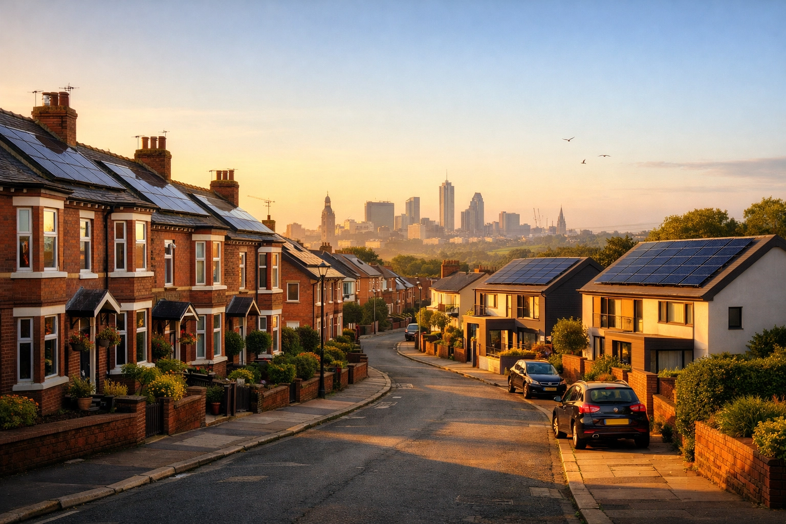 Residential solar panel installations on red-brick houses in North West England.