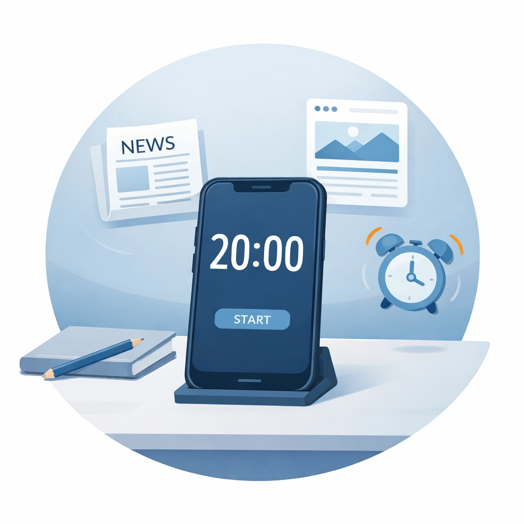 Smartphone with timer showing boundaries for daily news consumption before 9 AM