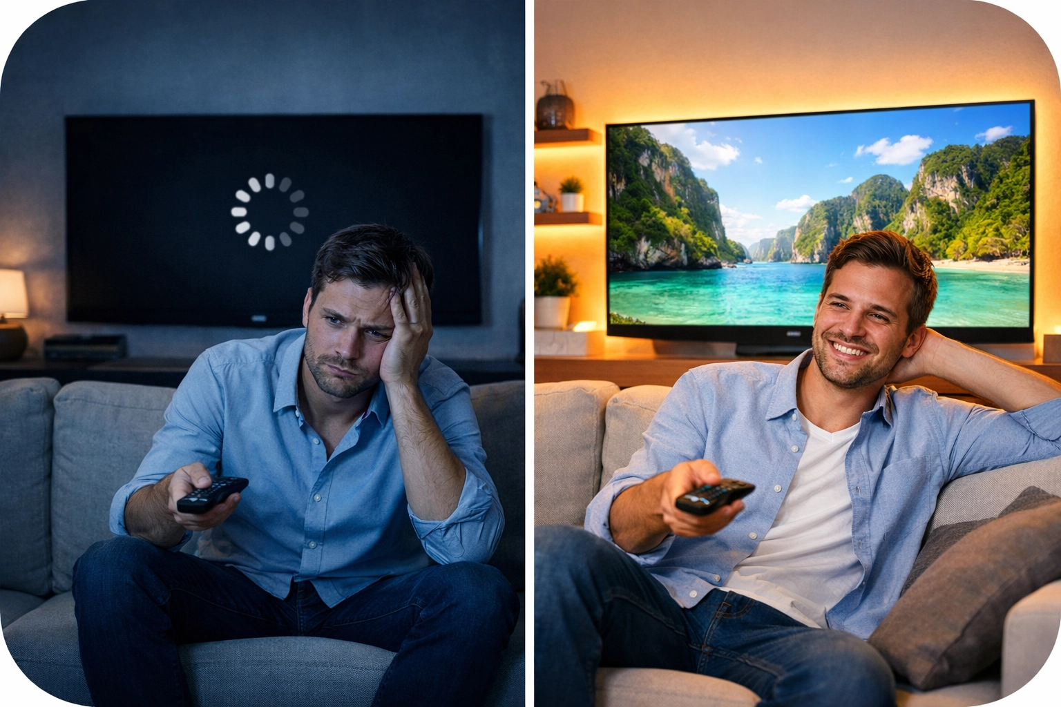 Comparison of buffering vs smooth 4K streaming experience on media wall entertainment system