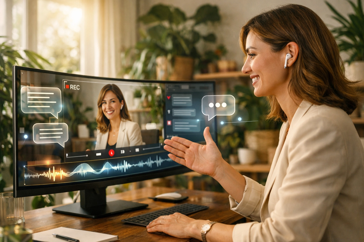 A remote professional using asynchronous video collaboration tools in a modern home office setting.
