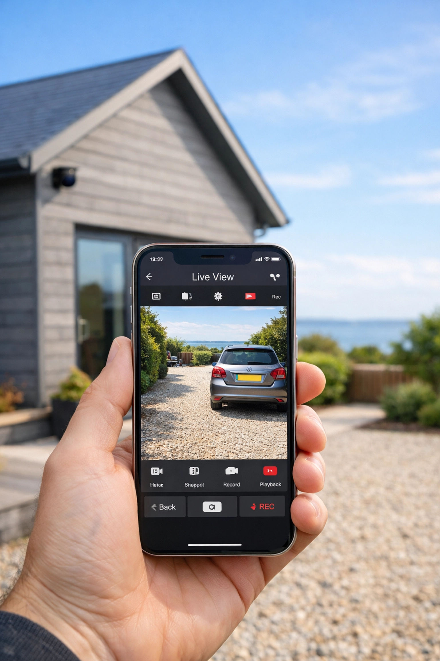 Person checking a smartphone app showing live CCTV footage of a house on Hayling Island.