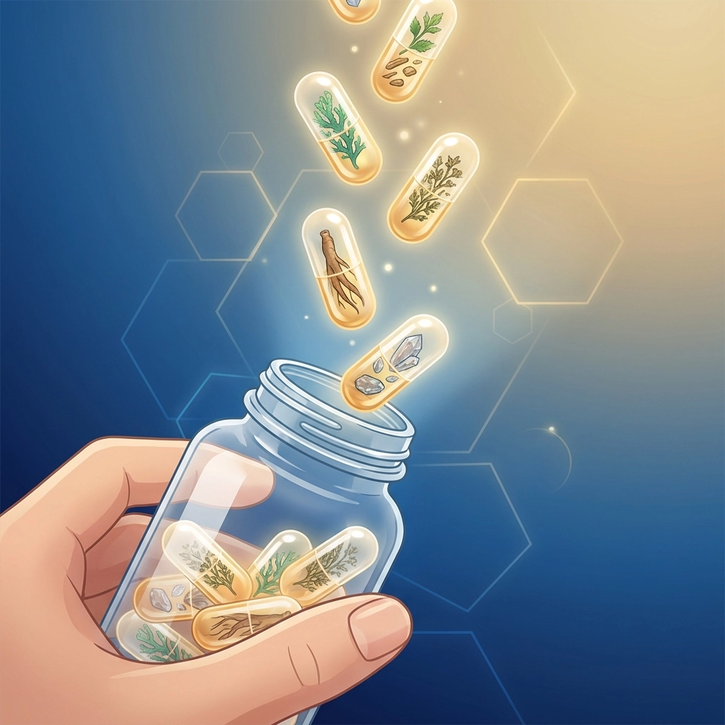 Hands opening a supplement bottle with capsules showing whole-food ingredients like sea moss and herbs for clean supplements