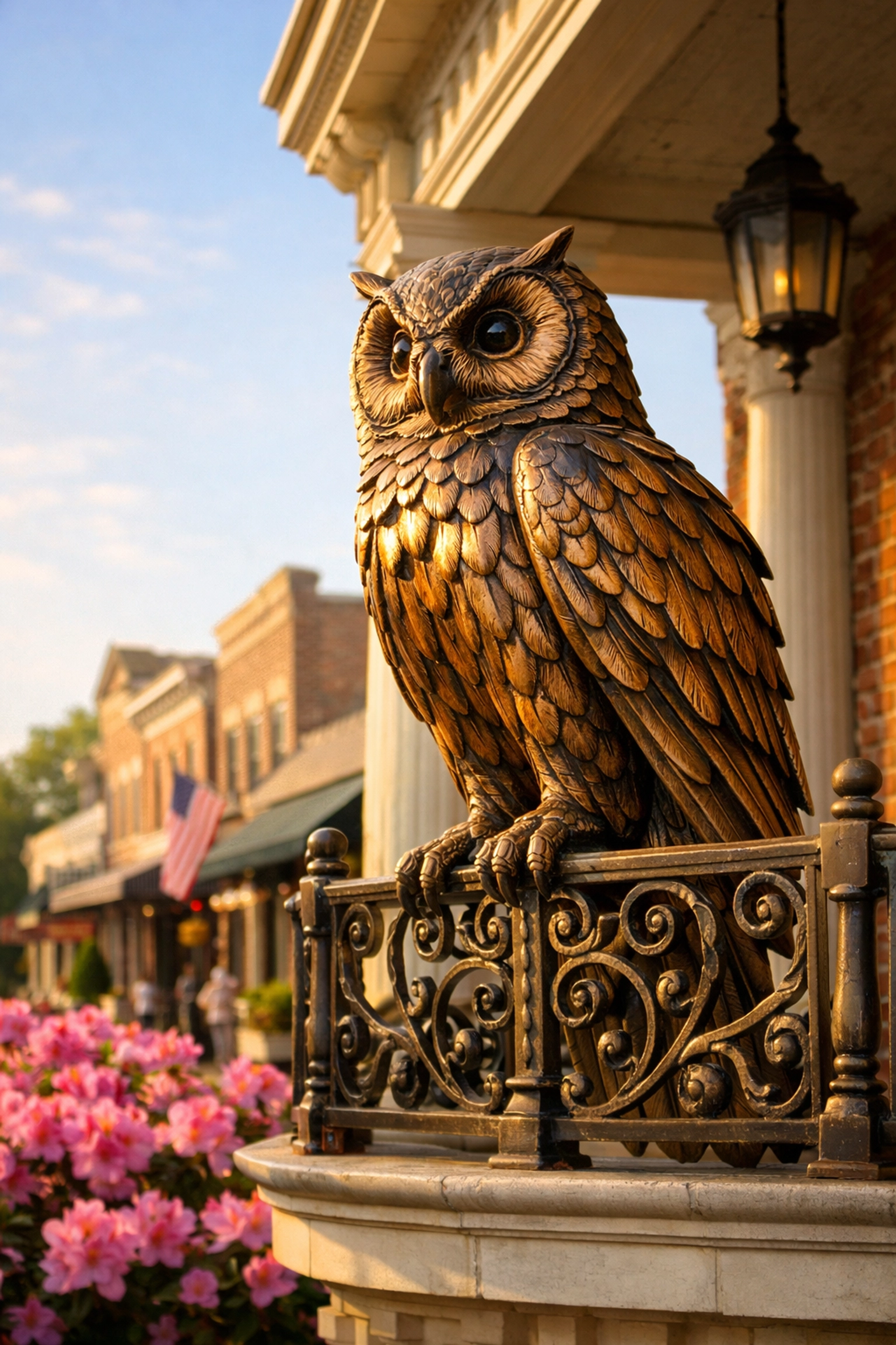 Bronze barred owl sculpture perched on Summerville Town Hall balcony on B.I.R.D.S. trail