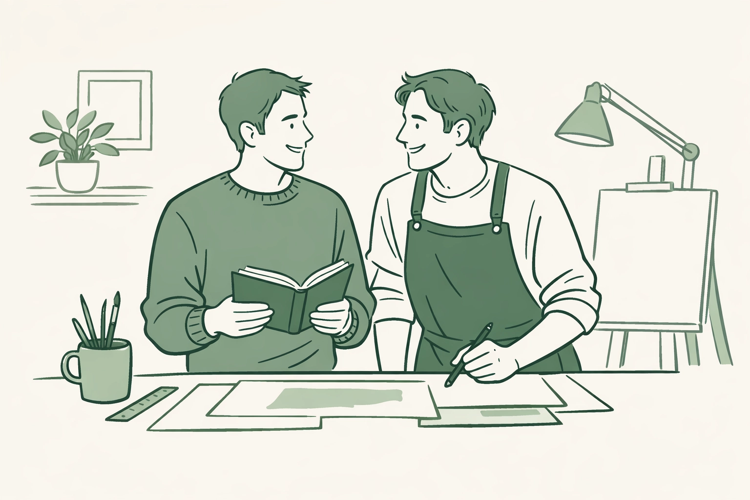 Illustration of two gay men in a studio, symbolizing personal reinvention and authentic living in mid-life.