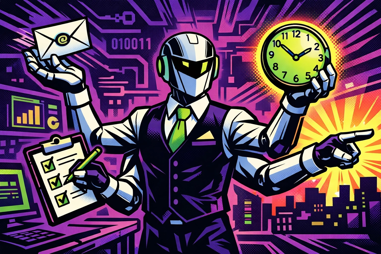 Multi-armed AI assistant for small business efficiently handling administrative tasks and scheduling.