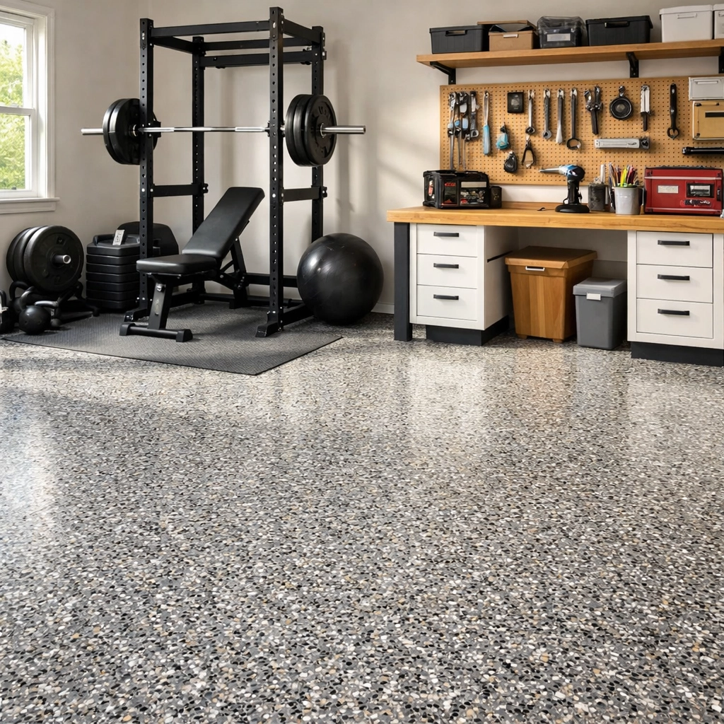 Clean, durable garage flake floor coating used for a multi-purpose home gym and workspace in Regina.