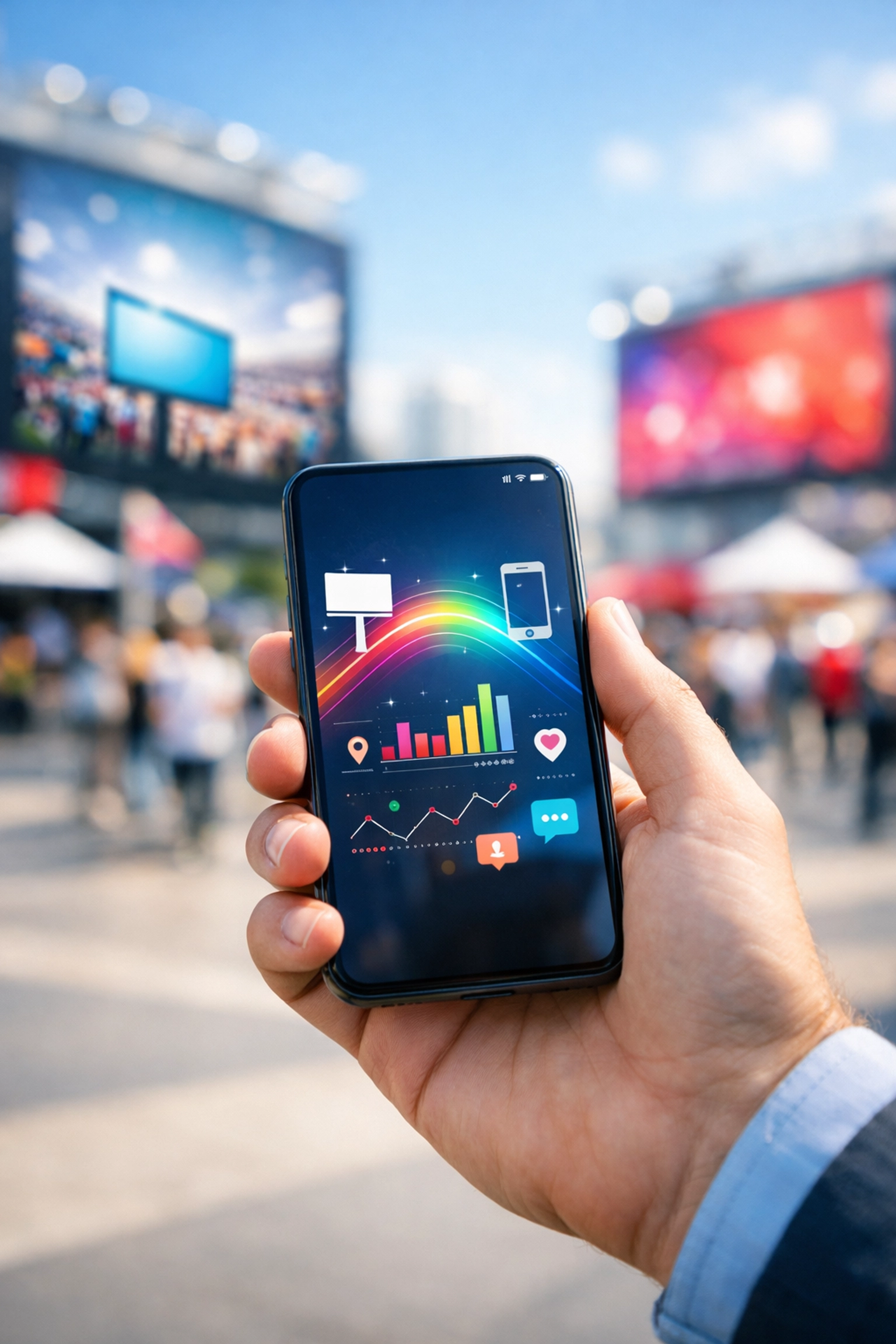 A fan engaging with a smartphone in front of digital OOH advertising displays at a sports fan plaza.
