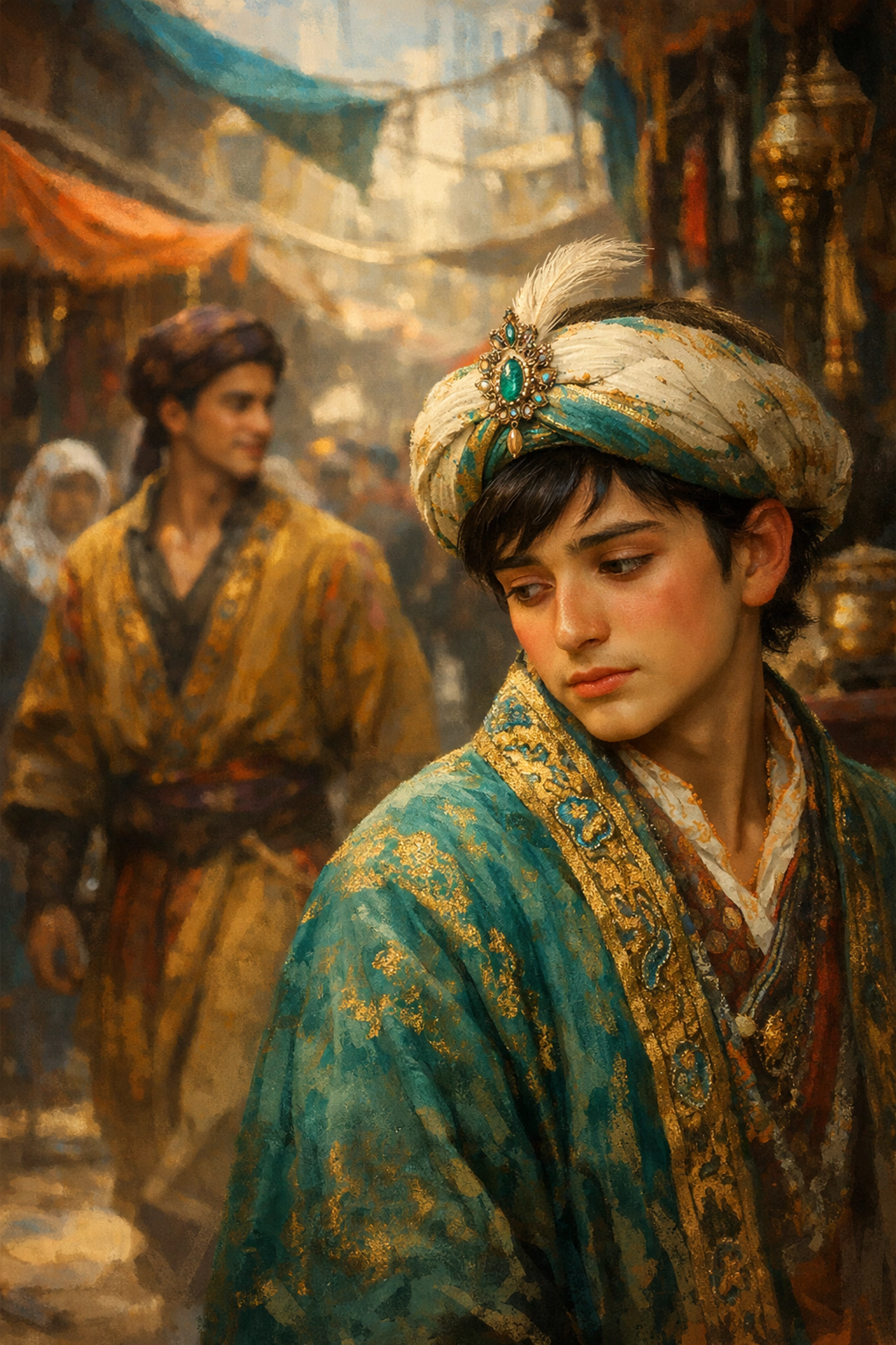 Young Babur longing for Baburi in a 16th-century bazaar, an early example of a gay love story.