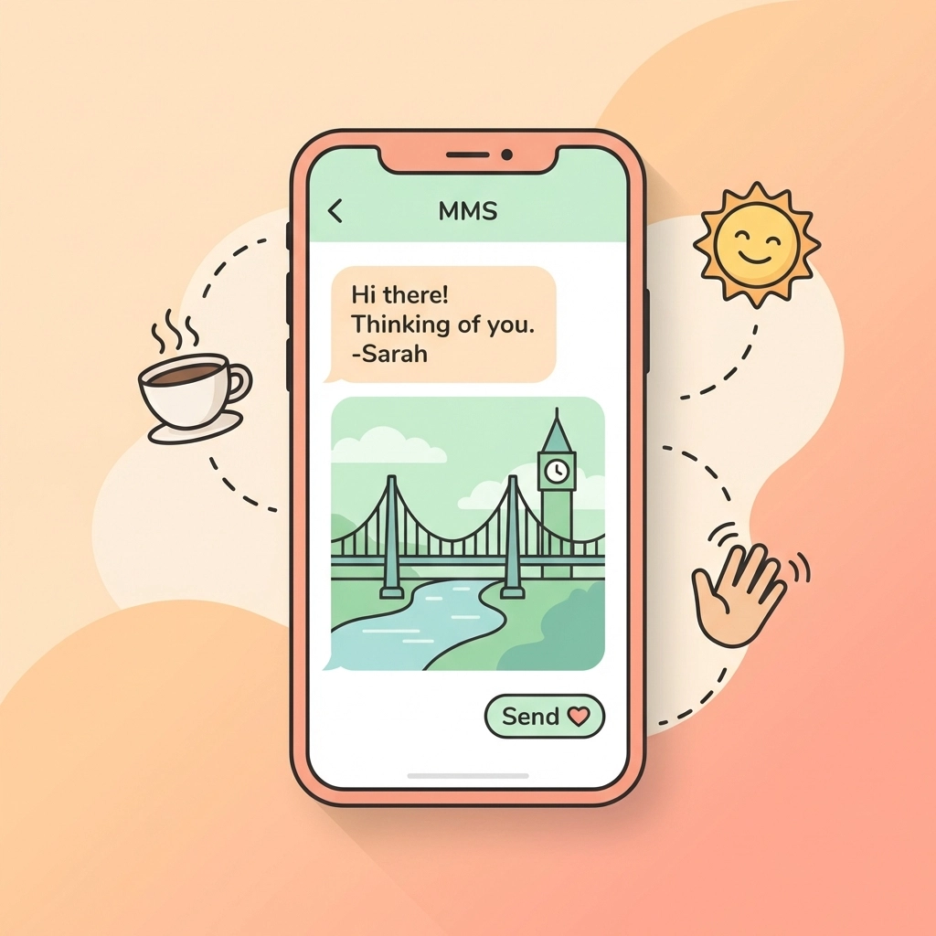 Phone displaying a personalized MMS message with a local landmark, emphasizing local relevance in MMS campaigns.