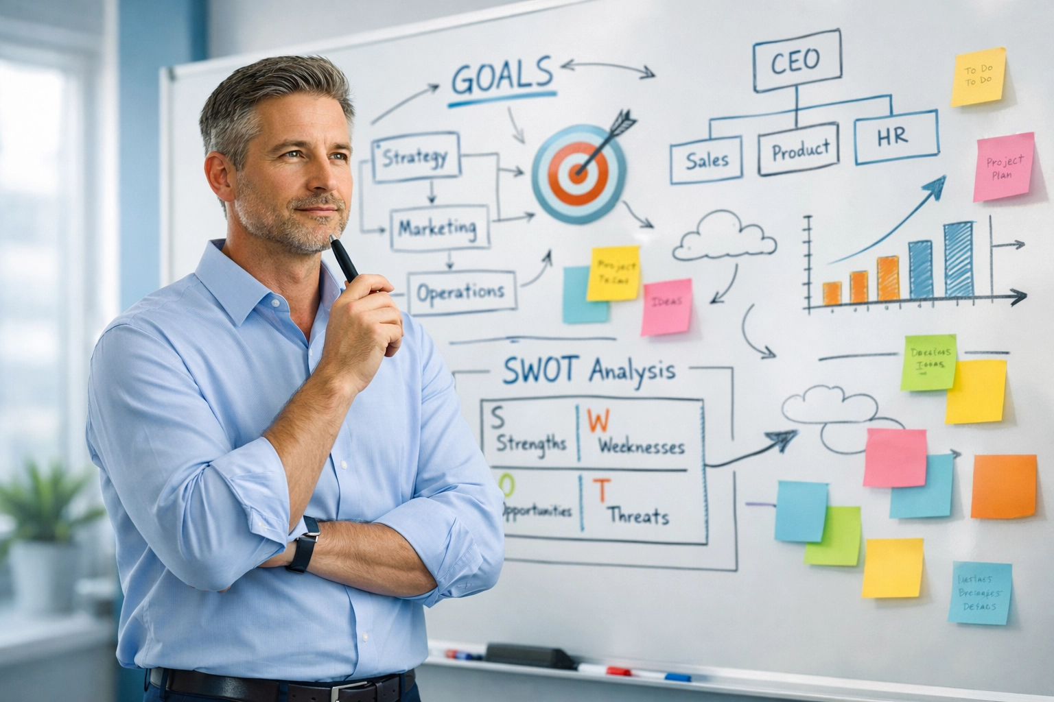 Manager planning strategic goals and priorities on whiteboard during first 90 days