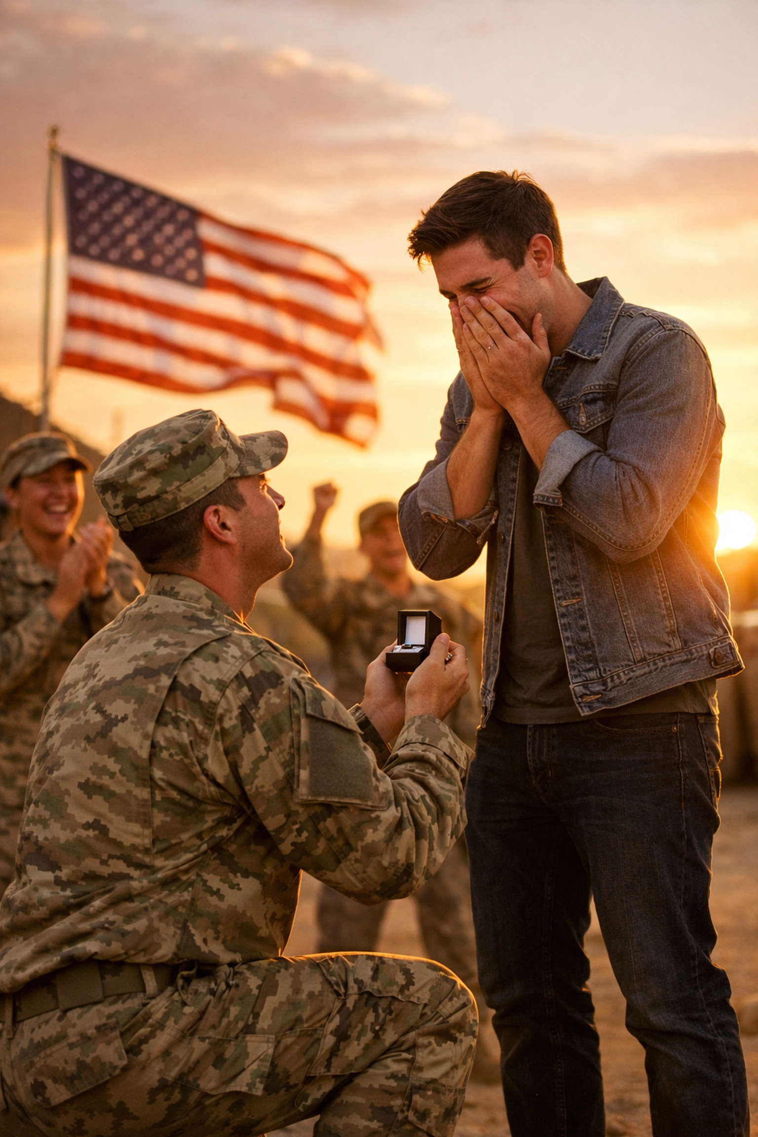 Gay soldier proposing to boyfriend at military base with fellow service members celebrating