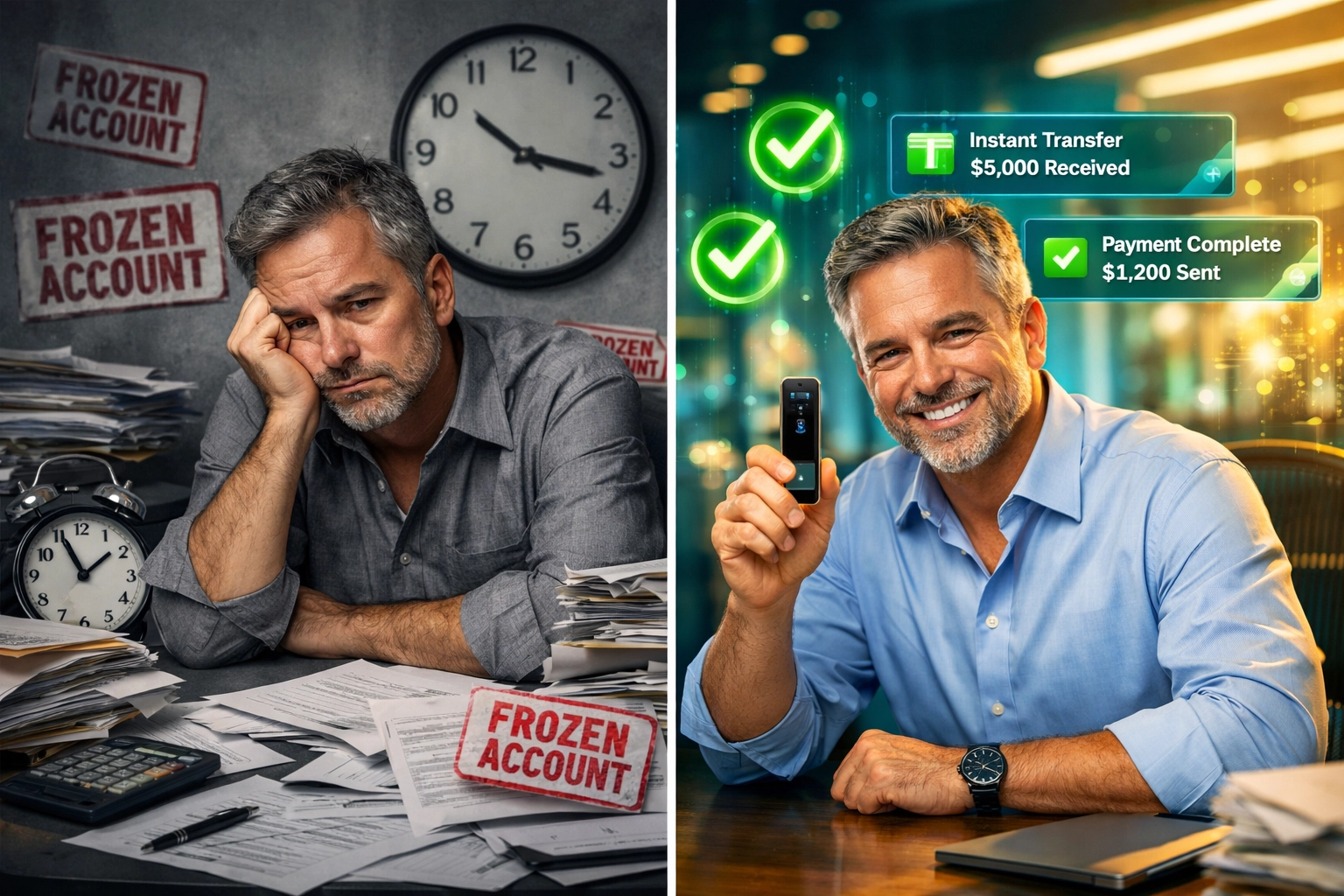 Comparison: traditional merchant account frustrations vs self-custody payment freedom