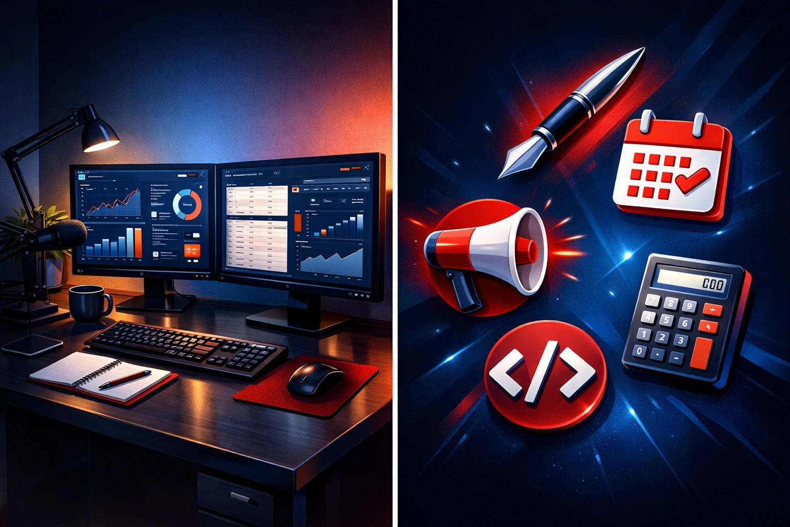 Home office setup for service-based online business with freelance work dashboards