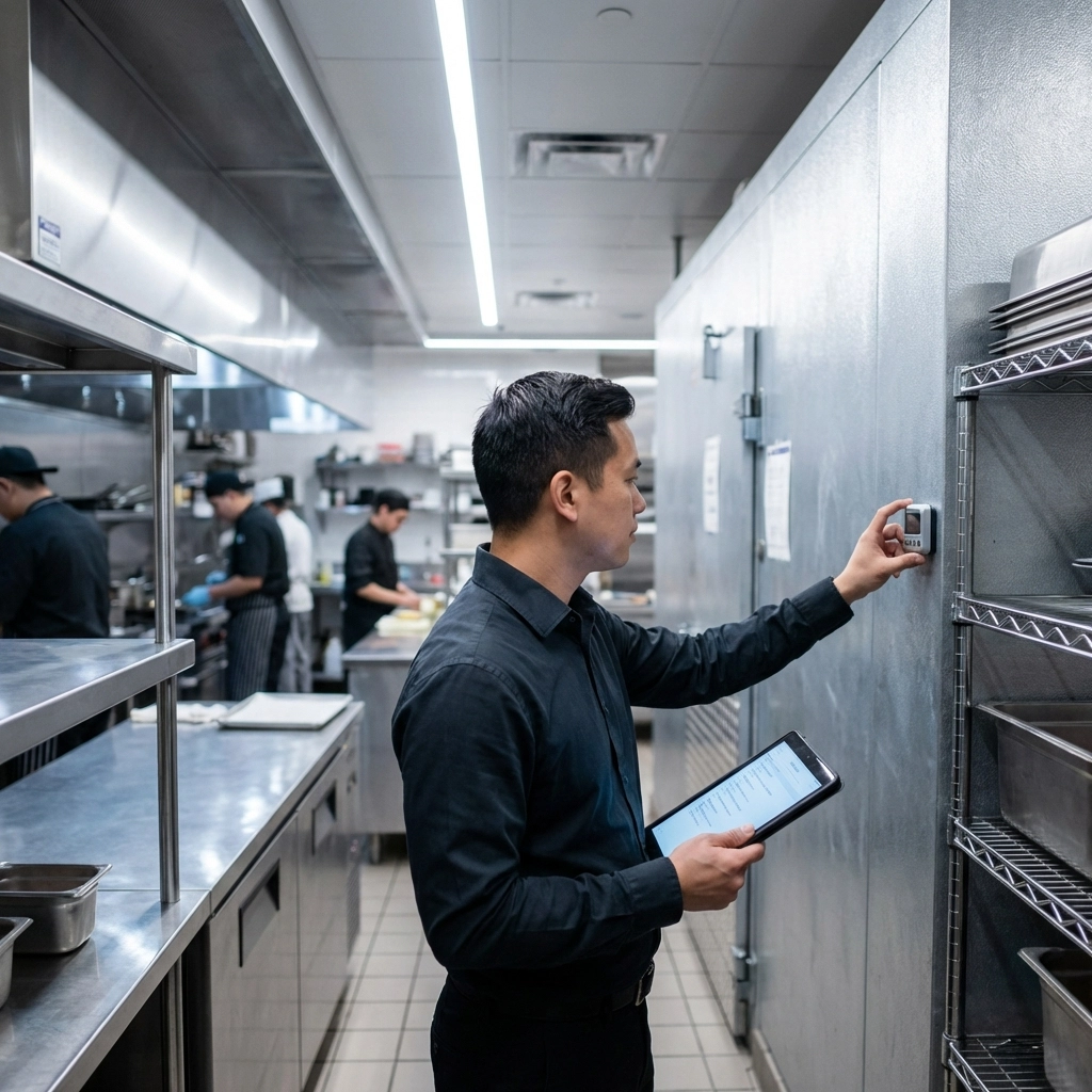 Restaurant manager auditing kitchen equipment with tablet, showcasing strategies to find money in your restaurant
