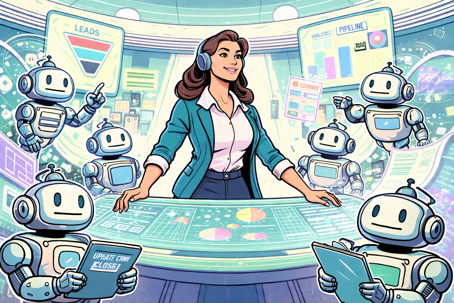 Futuristic control room with a RevOps leader and AI robots efficiently managing revenue operations workflows