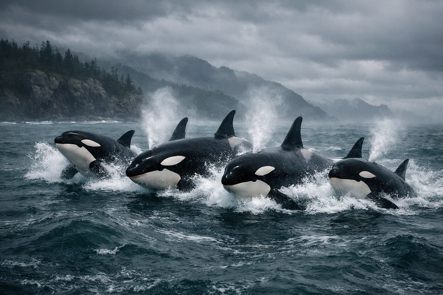 A bachelor pod of male killer whales breaching together, illustrating a strong communal safety net in nature.