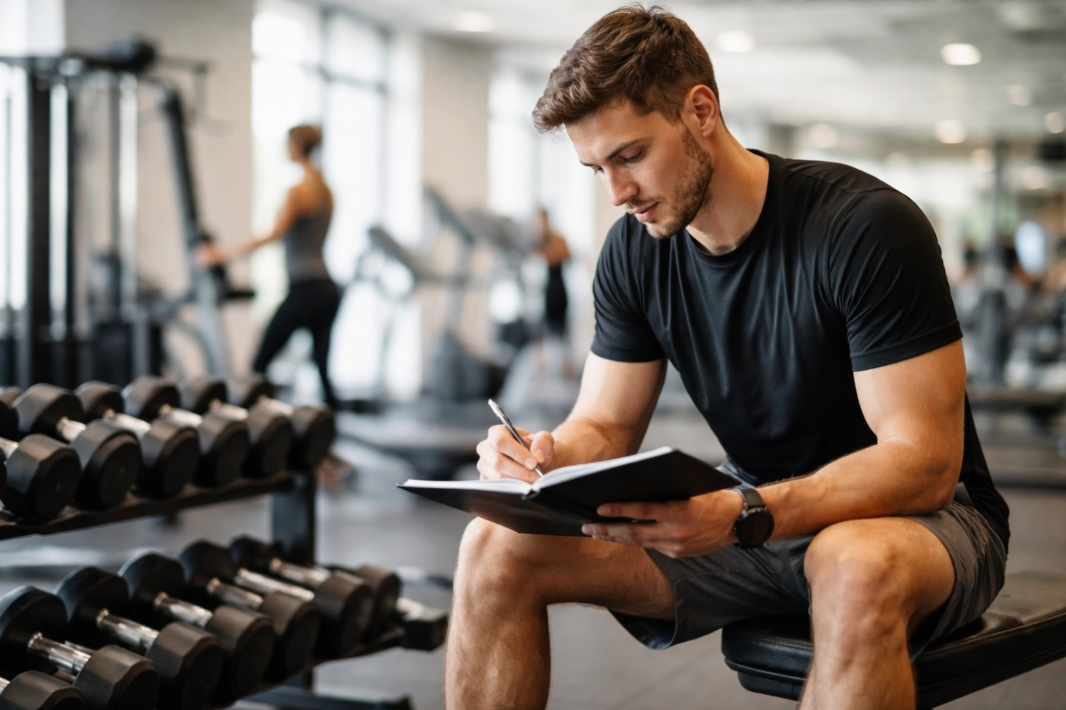 Aspiring personal trainer studying in a modern gym setting