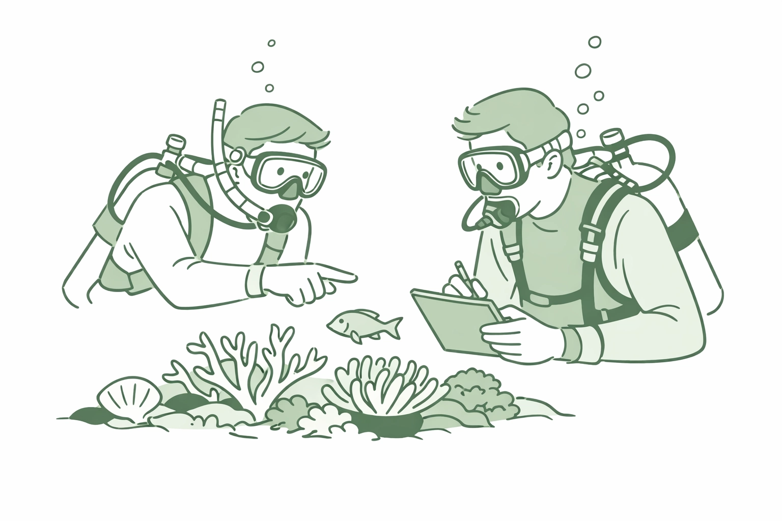 Queer marine scientists examining coral reef ecosystem and documenting marine life underwater