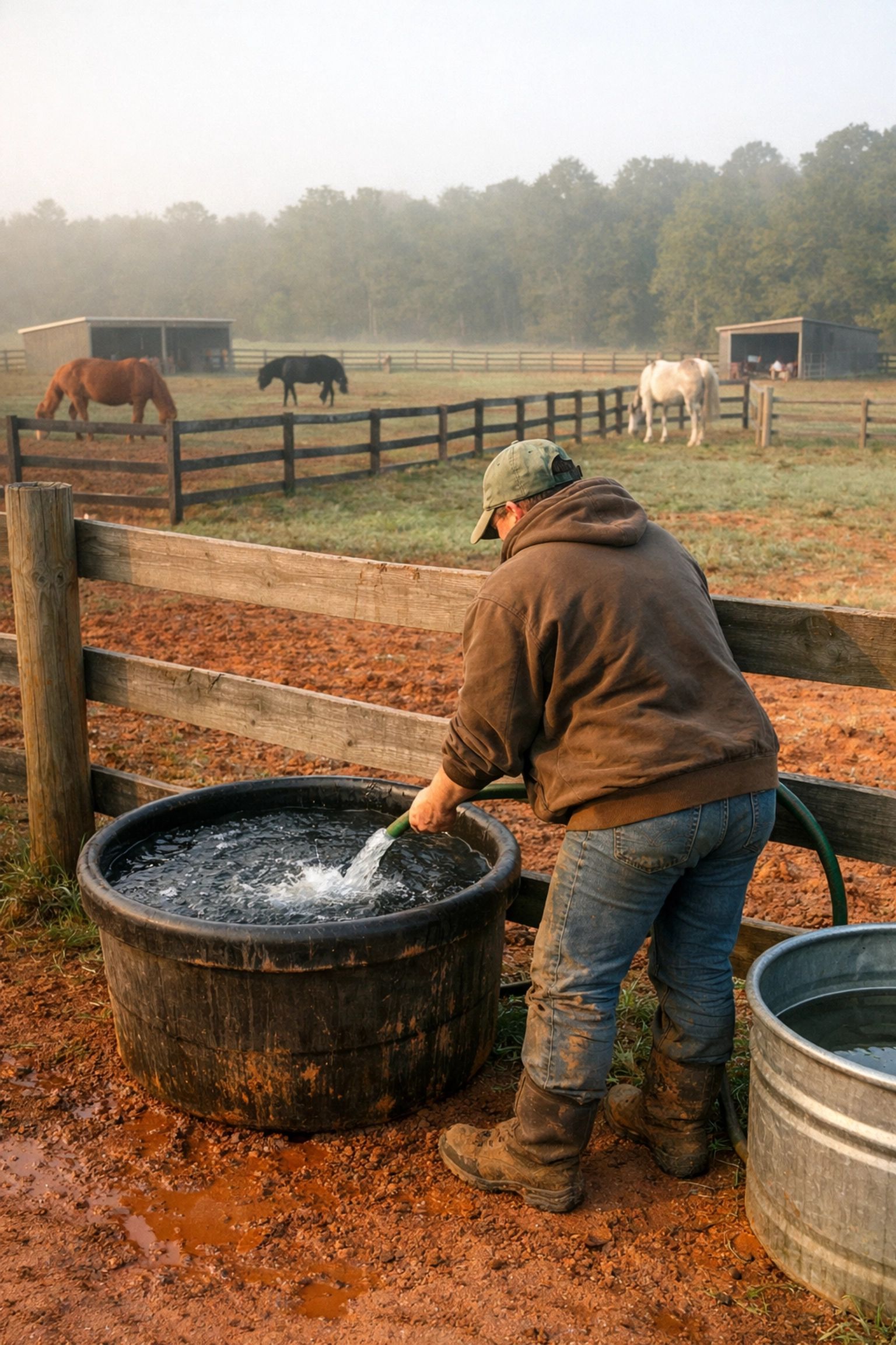 Morning horse care routine at Waxhaw NC equestrian property with multiple paddocks