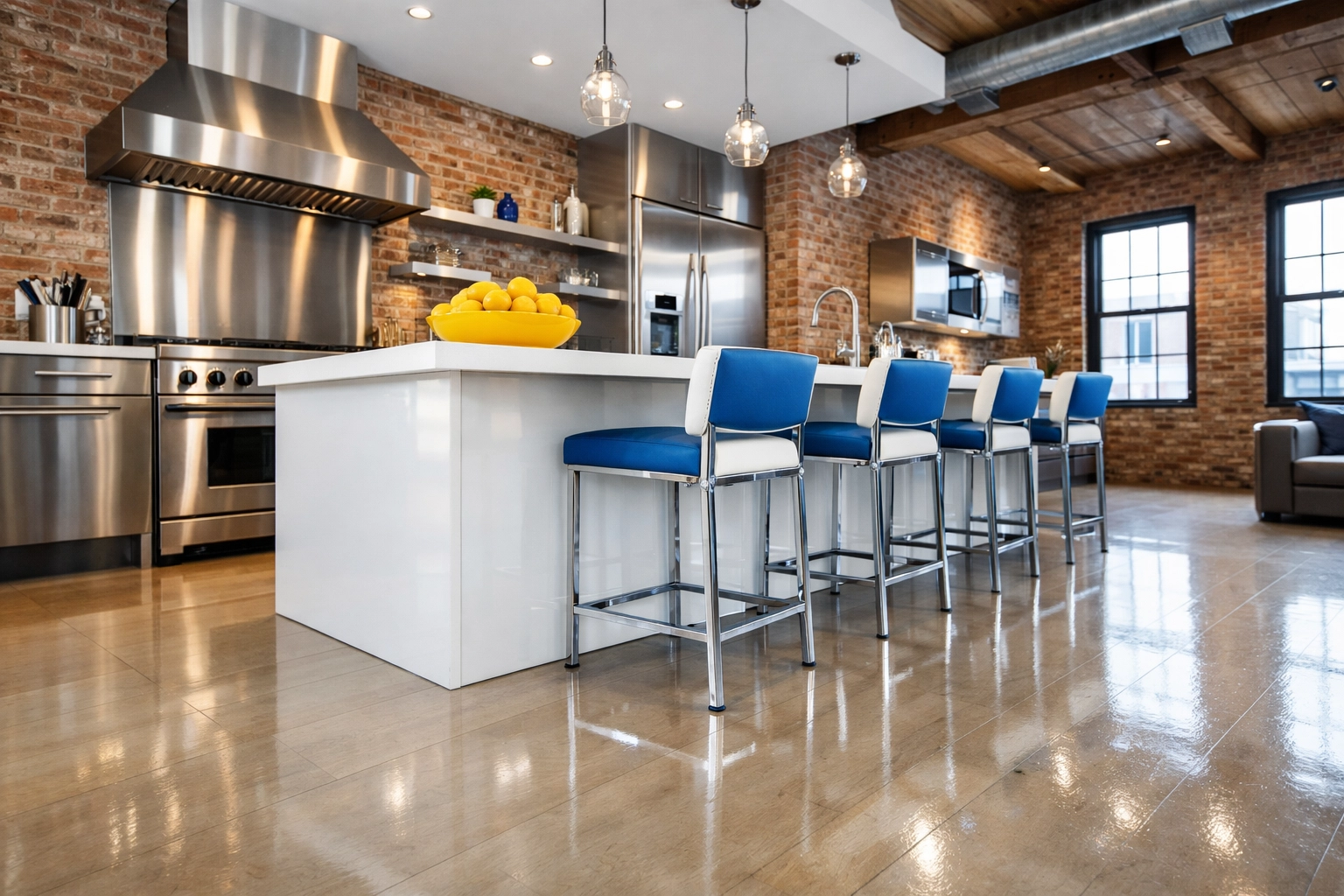 Move-out cleaning Worcester service in a modern loft kitchen featuring spotless counters and shining appliances.