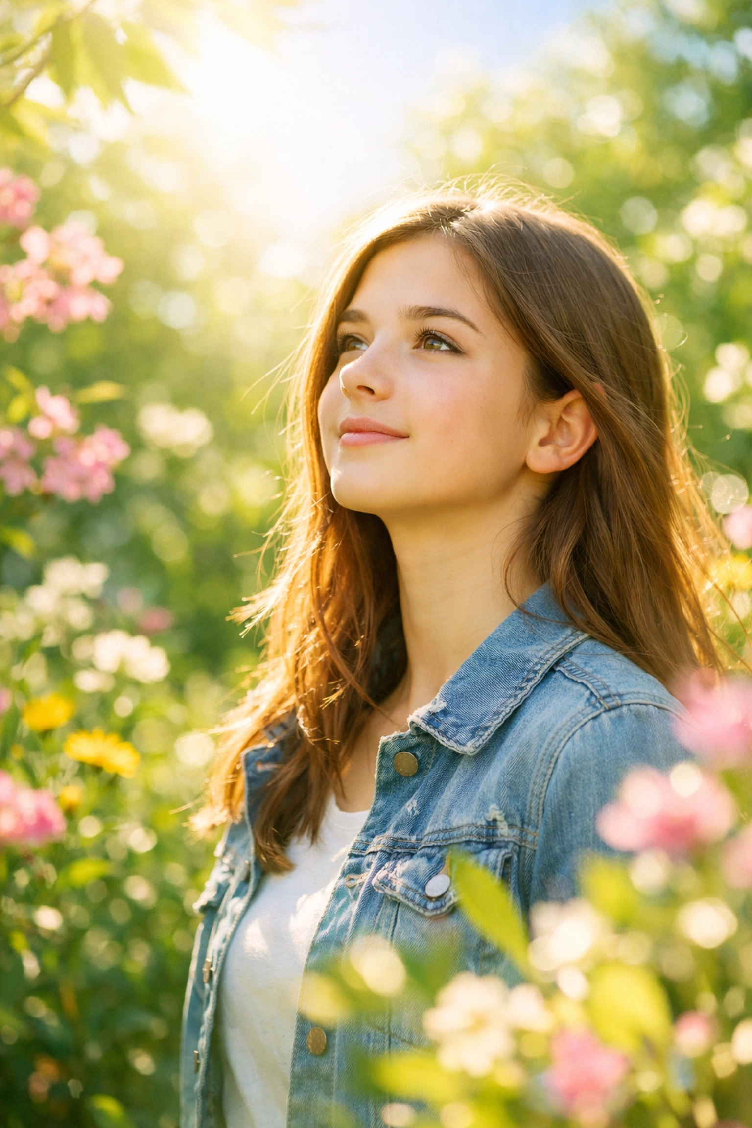A resilient girl standing in a bright garden after completing residential treatment for teen depression.