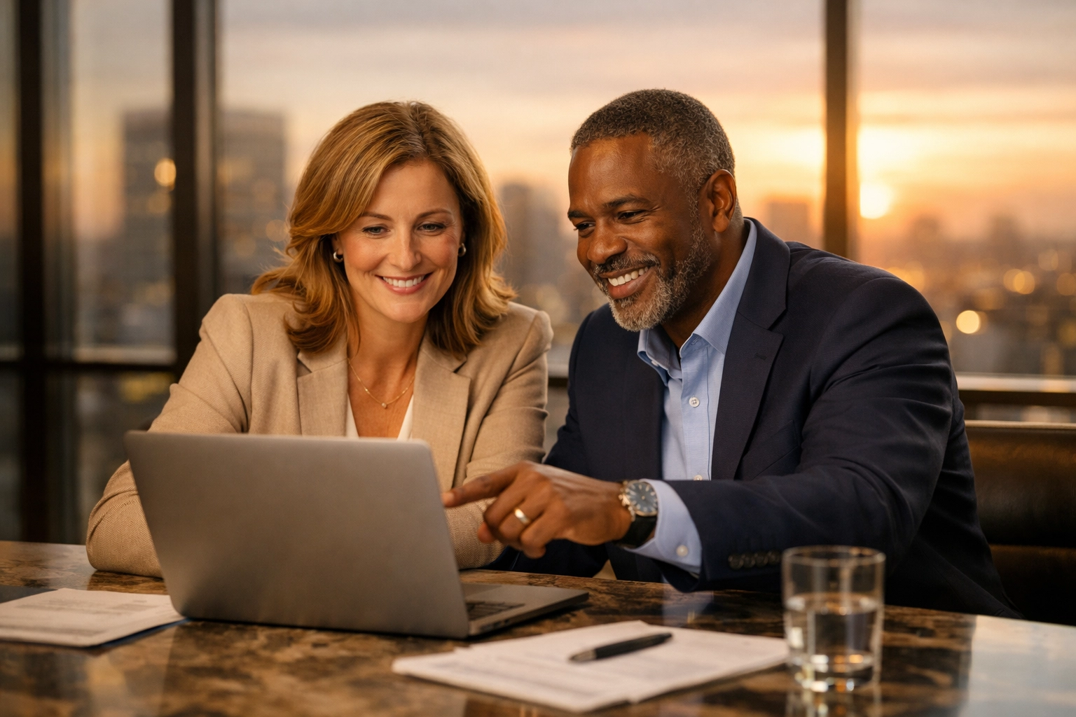 Professionals discussing SBA loans and debt-free capital solutions in a modern boardroom.