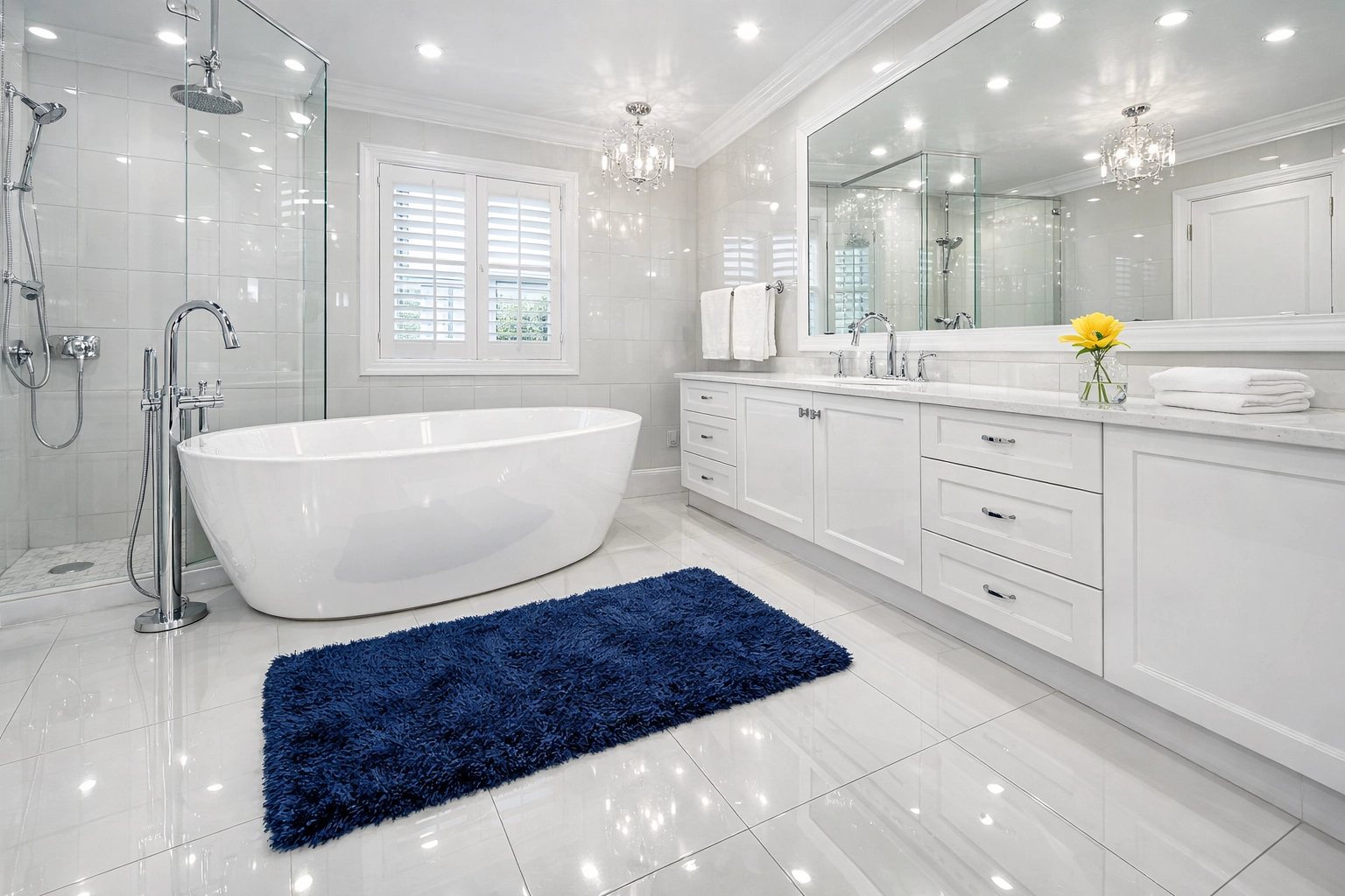 Sanitized luxury master bathroom in Marlborough with sparkling fixtures and deep cleaned tile grout.