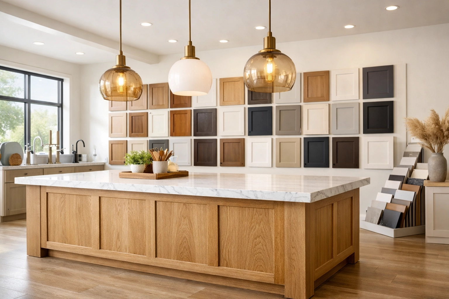 Custom kitchen remodel cabinets and white oak island on display in a bright Minnesota home renovation showroom.