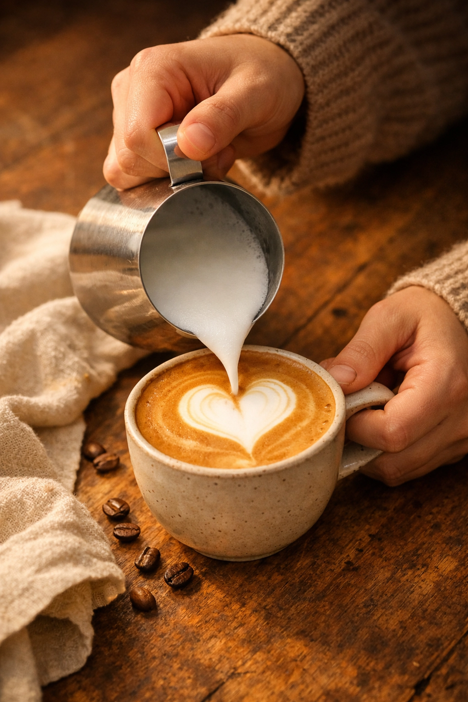 Barista pouring silky milk microfoam into a cup to create a heart-shaped latte art design.