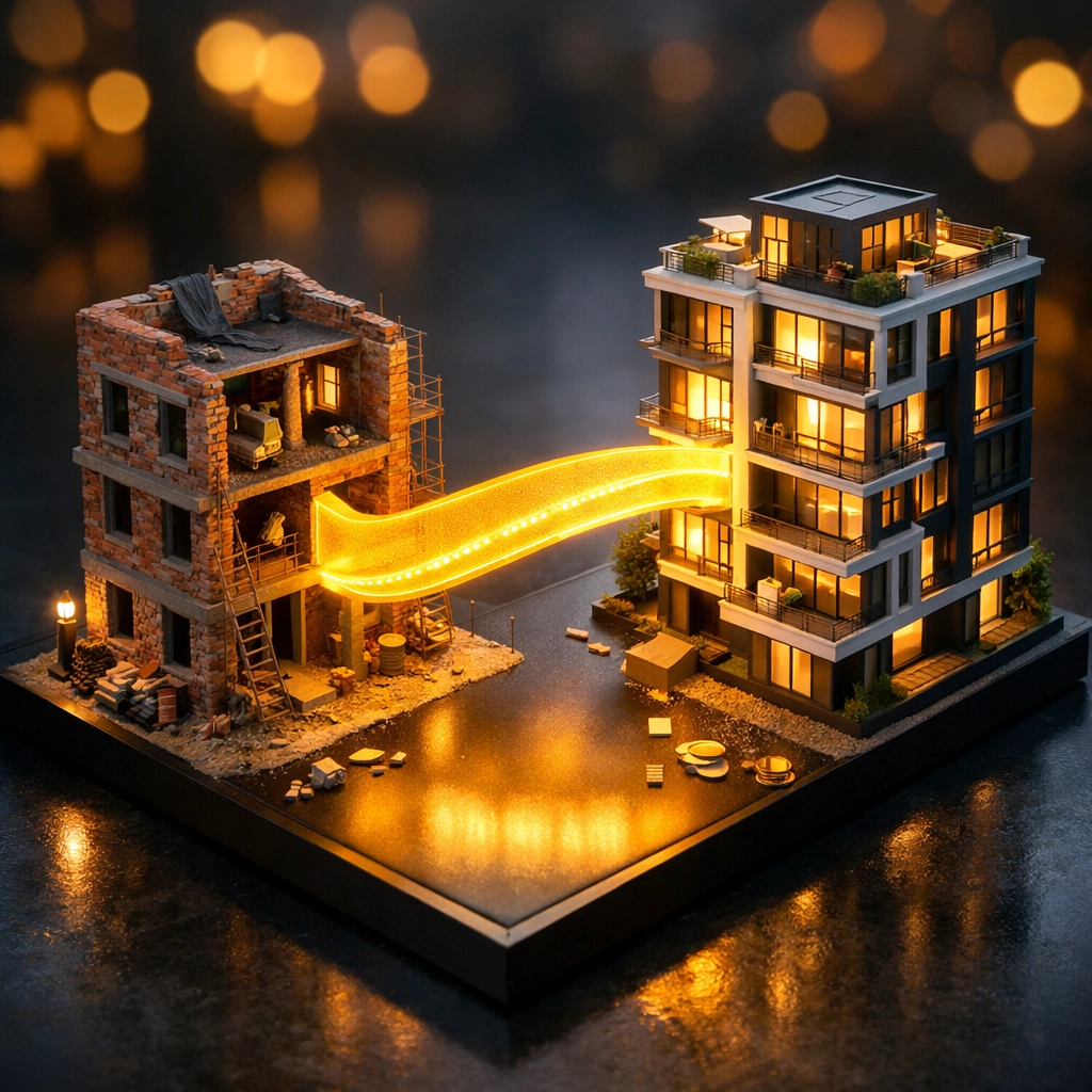 Conceptual bridge connecting a property renovation to a finished apartment block, showing the bridging loan process.