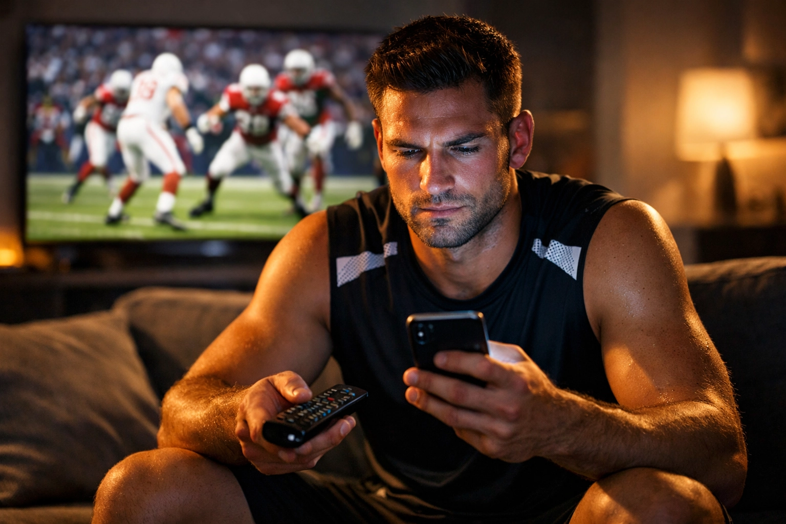 Athlete watching Super Bowl on TV while engaging with smartphone for dual-screen experience