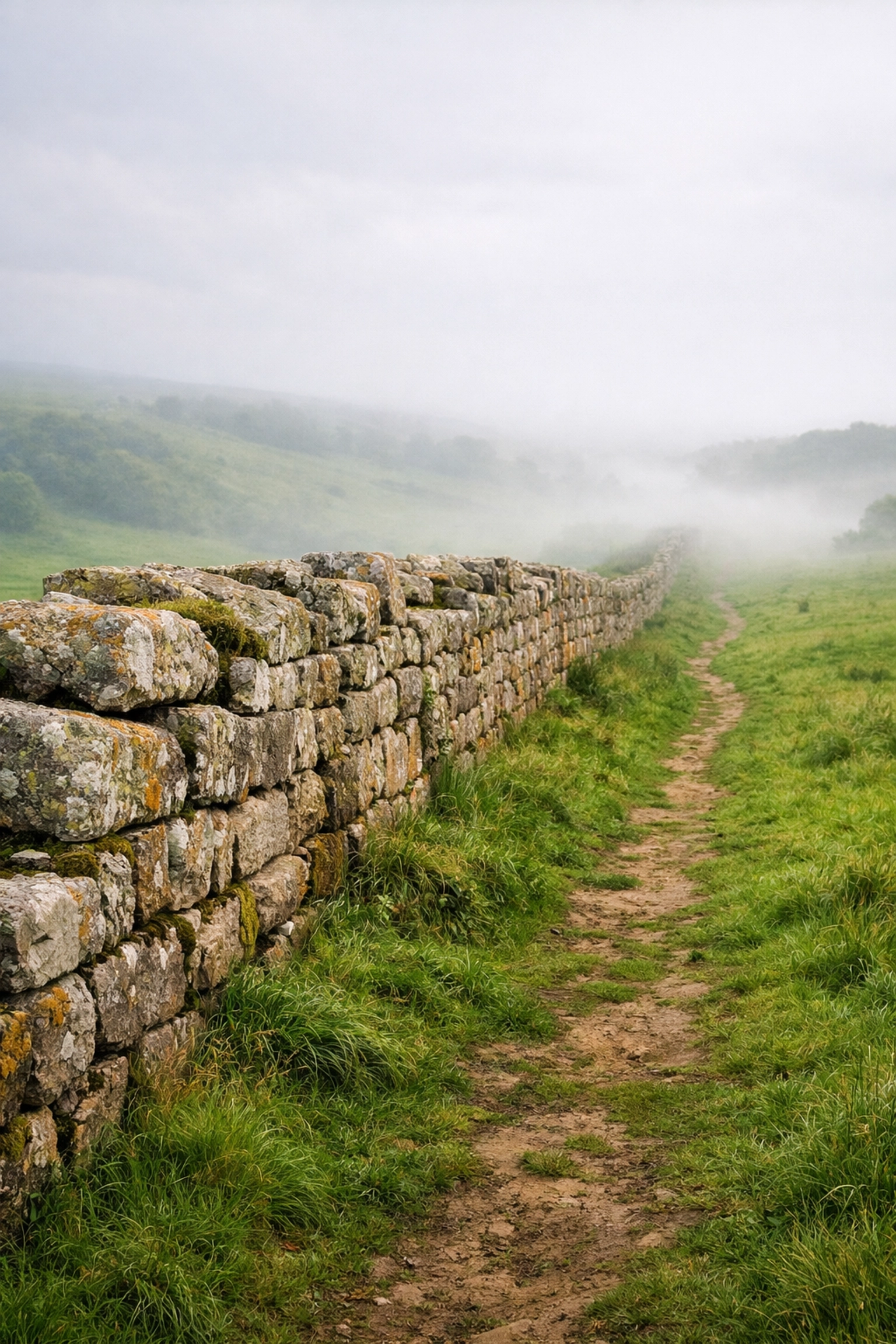 Ancient stone wall and grass path on a misty hillside during a guided hiking tour in the UK.