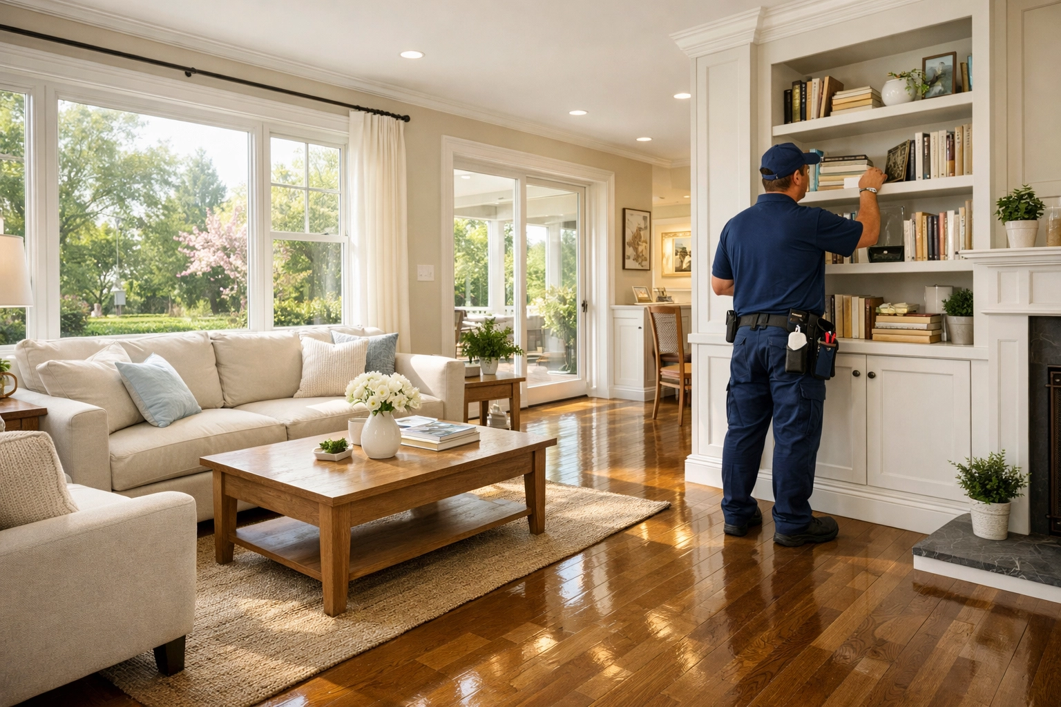 Professional house cleaning services in a bright Westchester NY living room with polished hardwood floors.