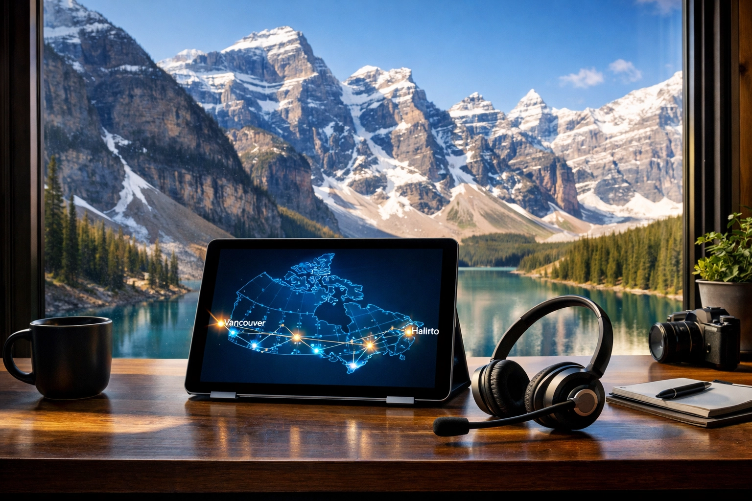 Remote work desk with headset and Canadian map illustrating integrated cloud call center connectivity.