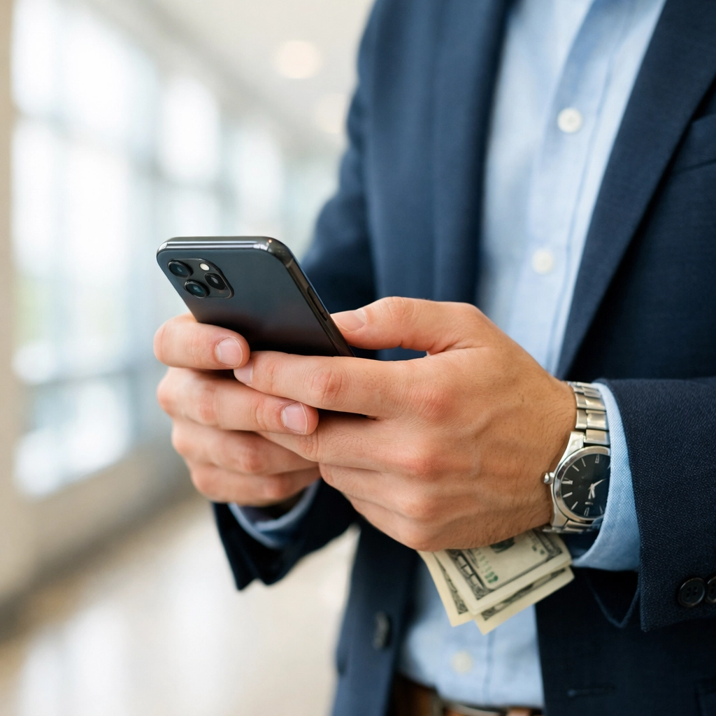 Mains d'un homme tenant un smartphone pour demander un prêt mauvais crédit en ligne en quelques minutes.