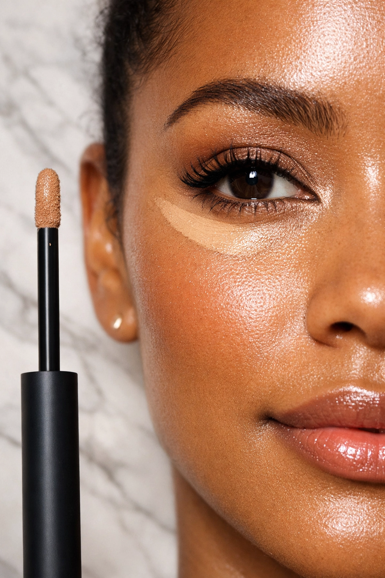 V Kosmetik liquid concealer applied to the eye for a hydrated, soft-focus finish on radiant skin.