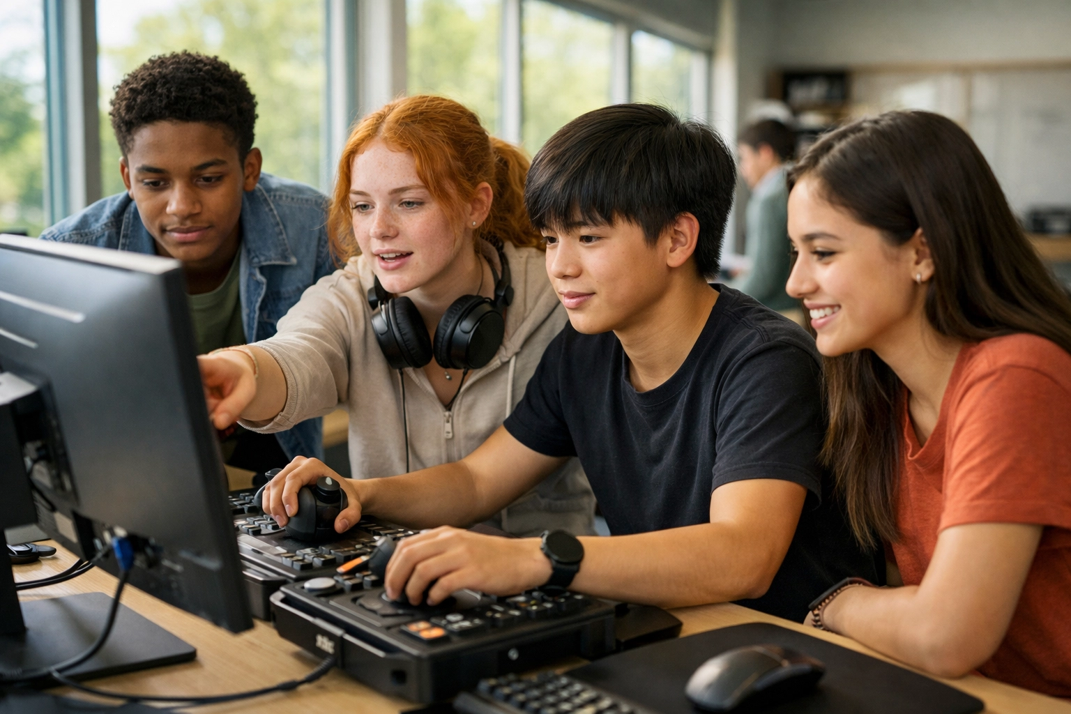 High school students using simulation technology in a modern classroom to drive educational growth.