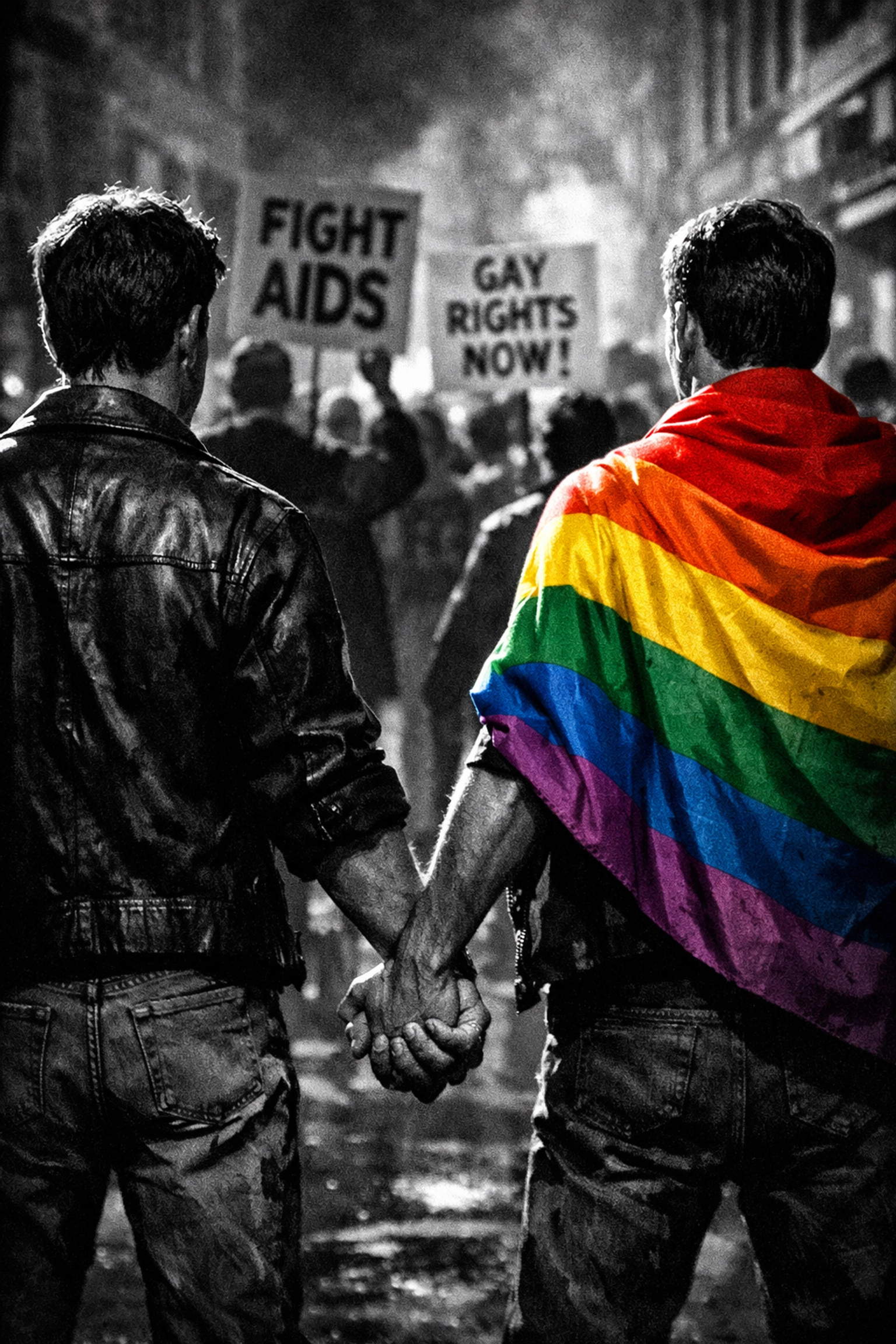 Two men holding hands and a rainbow flag during a 1980s protest, representing the political evolution of LGBTQ+ rights.