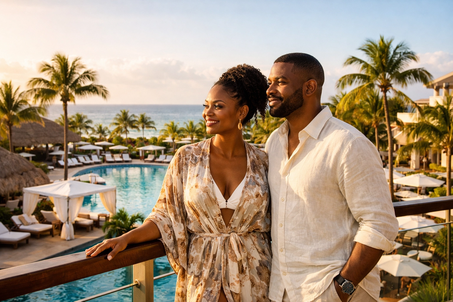 Couple enjoying a private balcony view during a premium Lifestyle Resorts booking in Mexico.