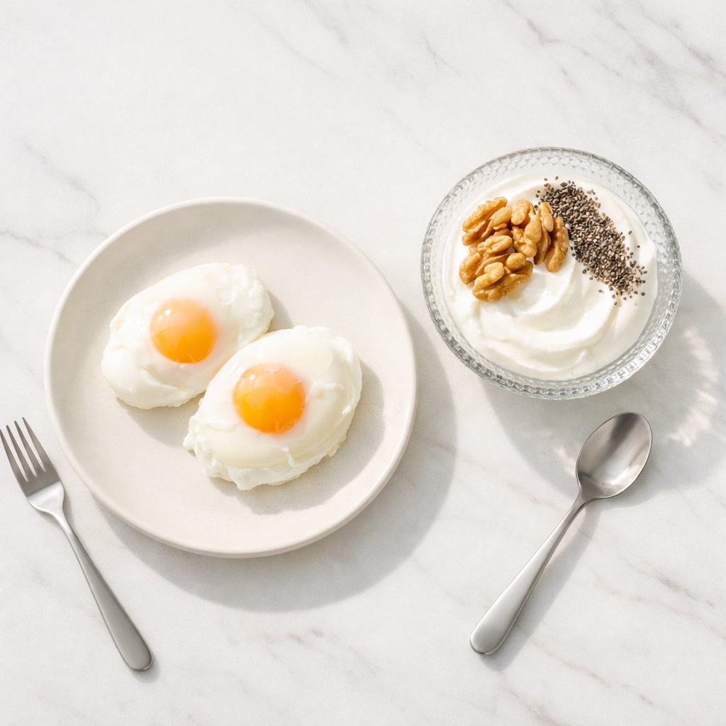 High-protein breakfast with eggs and yogurt to naturally stimulate GLP-1 and support metabolic health.