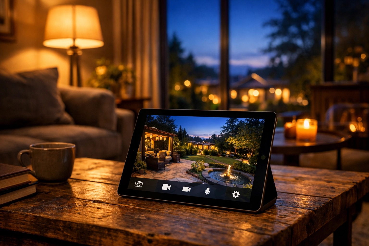 Tablet displaying a high-definition home security camera feed in a modern living room.