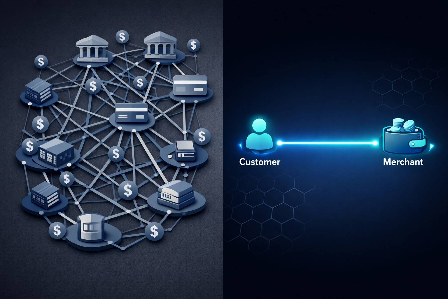 Traditional payment processing vs Larecoin direct blockchain payments eliminating merchant interchange fees