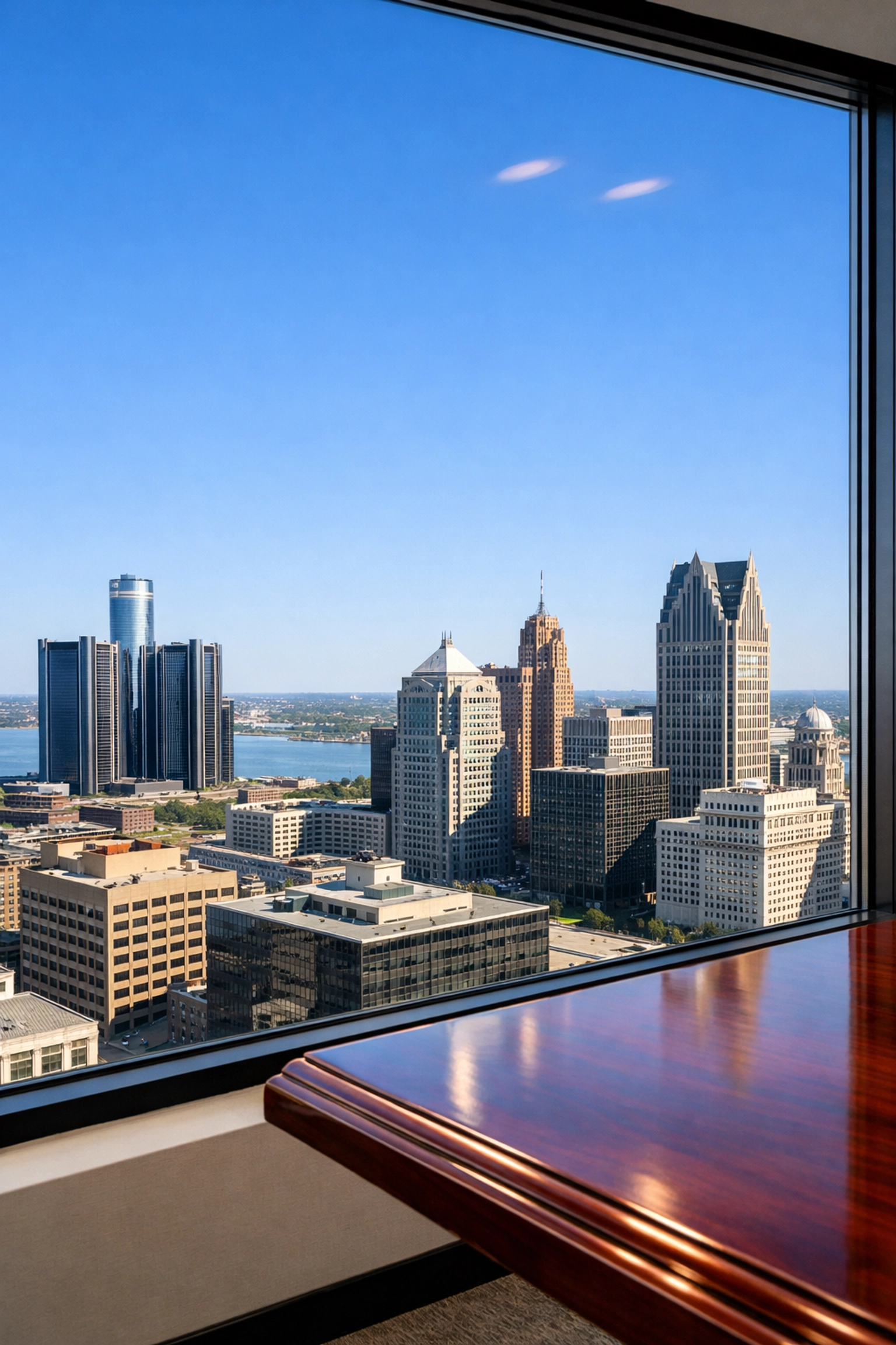 Crystal clear high-rise office windows overlooking the Detroit city skyline after professional cleaning.