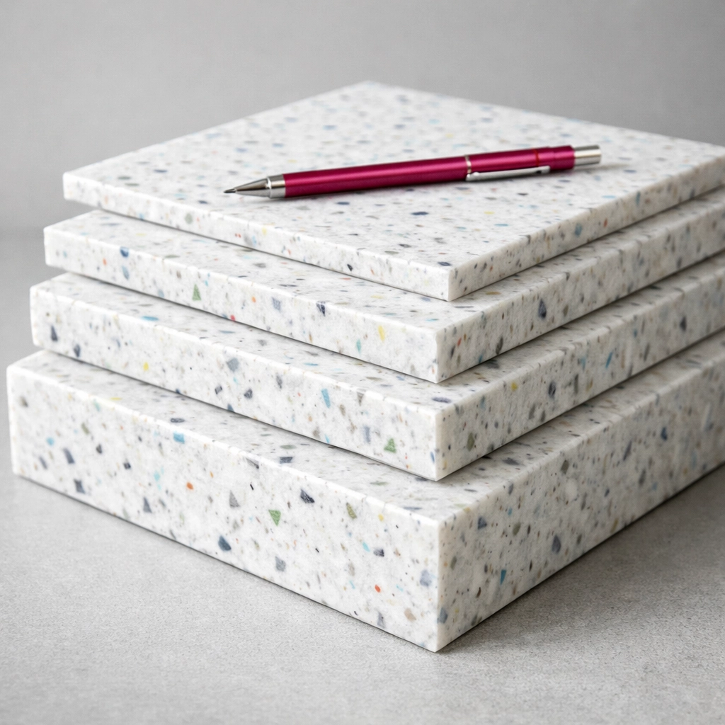 Stack of 100% recycled plastic sheets in various thicknesses for sustainable construction projects.