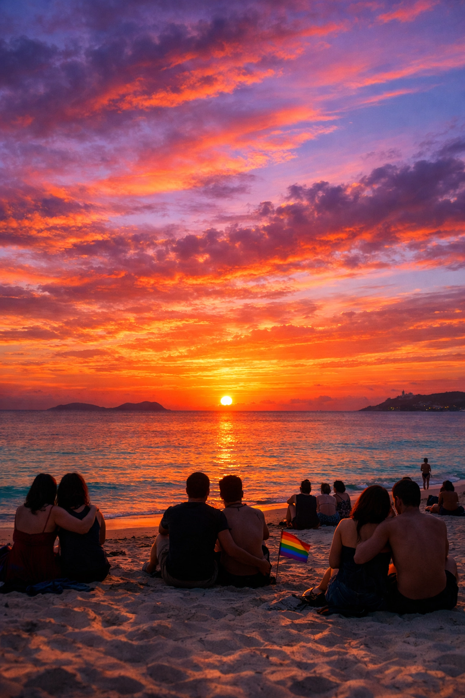 Sunset at Es Cavallet gay beach, LGBTQ+ travelers watching sky over Mediterranean
